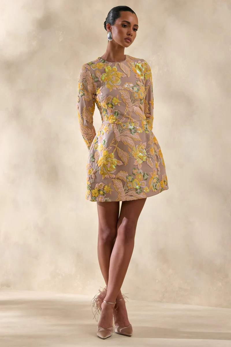 Merdia  Yellow Embellished Floral Crew-Neck Mini Dress | Club L London