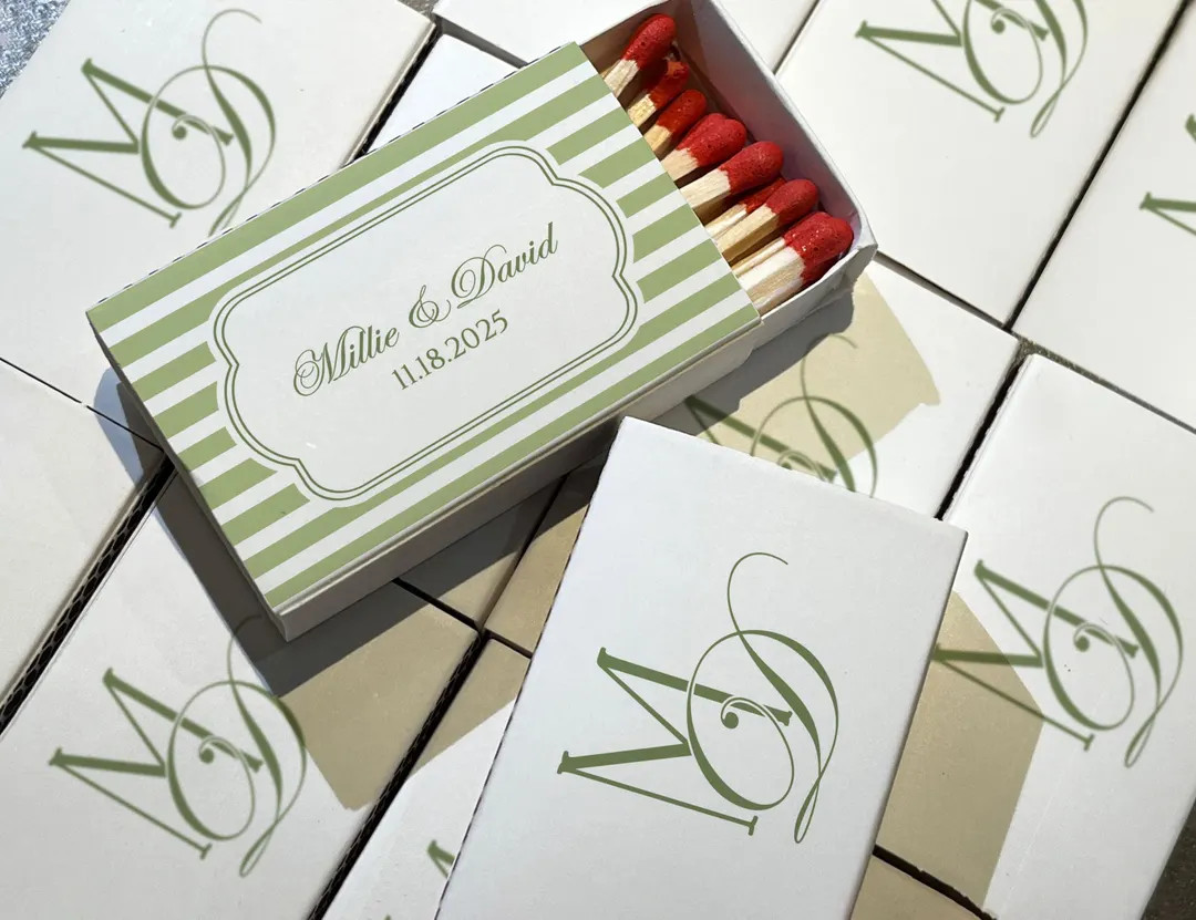 Personalized Initial Wedding Matchboxes With Green Stripe, Custom Matches, Vintage Wedding Favors... | Etsy (US)