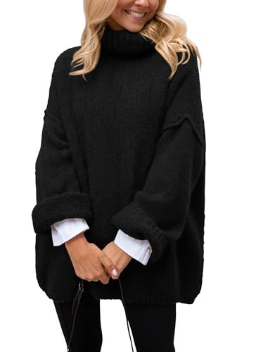 PRETTYGARDEN Women's Knit Oversized Sweater Fall Fashion 2024 Casual Long Sleeve Turtleneck Loose Chunky Pullover Tops (Black,Small) | Amazon (US)