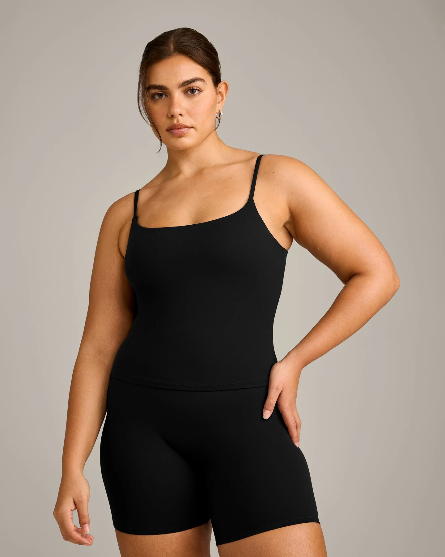 SoftMotion™ Strappy Tank Top with Built in Bra Shelf with Gray Logo | Black | Oner Active (UK / US)