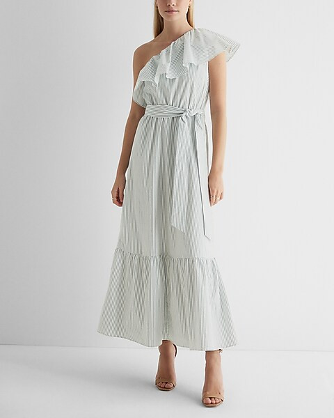 Striped One Shoulder Ruffle Tie Waist Poplin Maxi Dress | Express