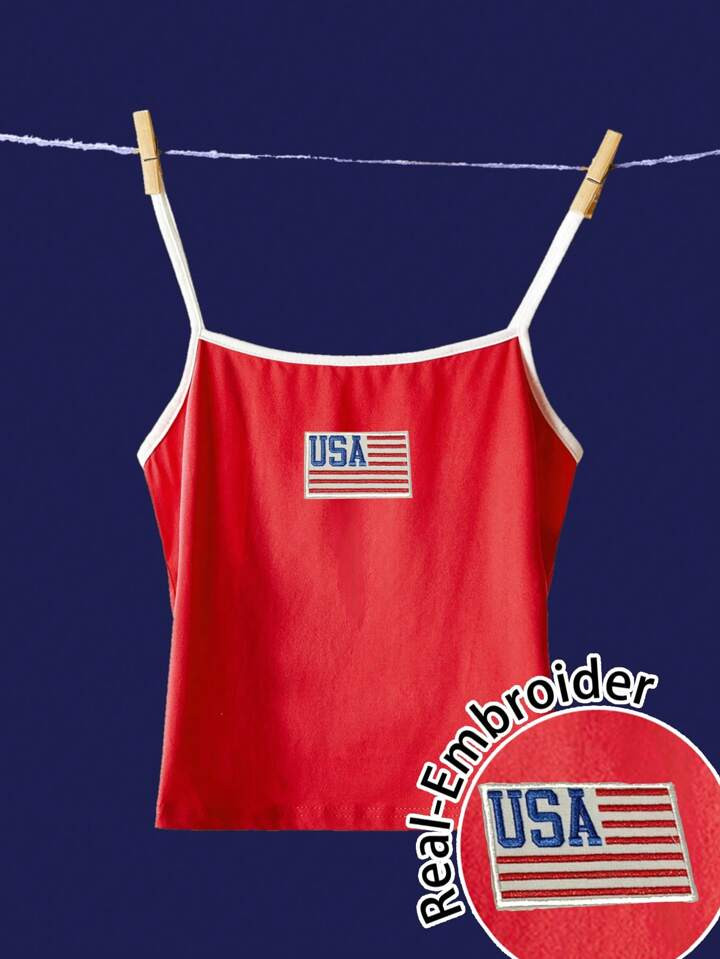 SHEIN EZwear Casual Minimalist American Flag Embroidered Patch Decor USA & Flag Print Camisole Top, Suitable For Summer, Independence Day , 4th Of July | SHEIN