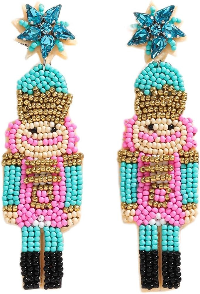 Christmas Beaded Nutcracker Earrings for Women, Handmade Beaded Soldier Dangle Earrings, Lightwei... | Amazon (US)