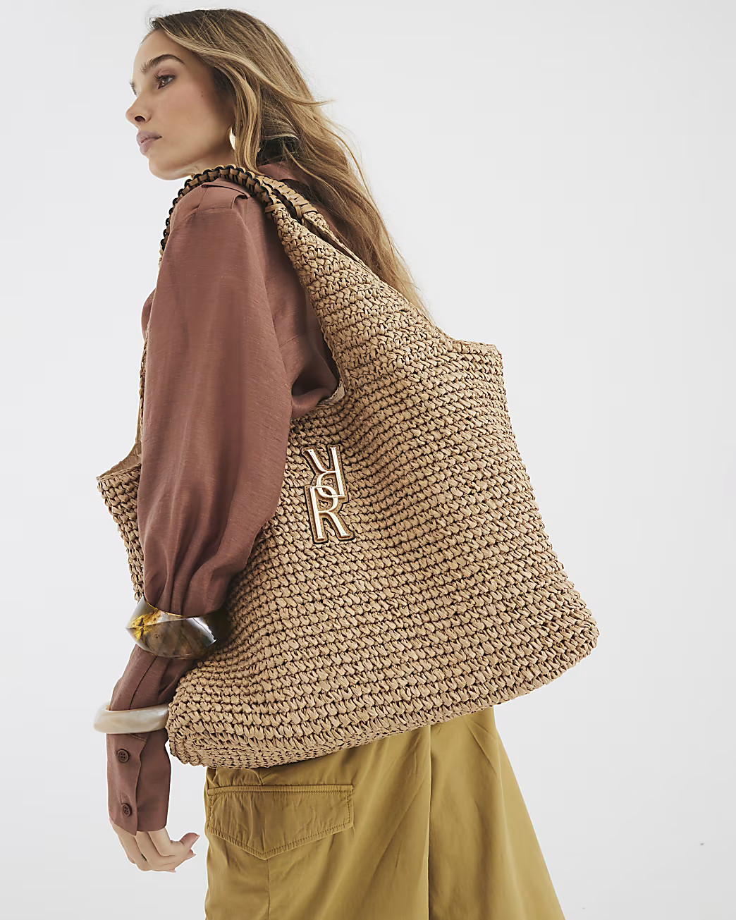 Beige RR Raffia Shopper Bag | River Island UK & IE