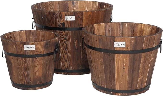 VINGLI 3 pcs Wooden Planter Barrel Set, Real Wood Indoor/Outdoor Flower Pot w/Drainage Holes, Dif... | Amazon (US)