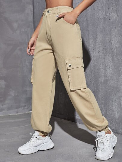 Solid High Waist Cargo Jeans | SHEIN