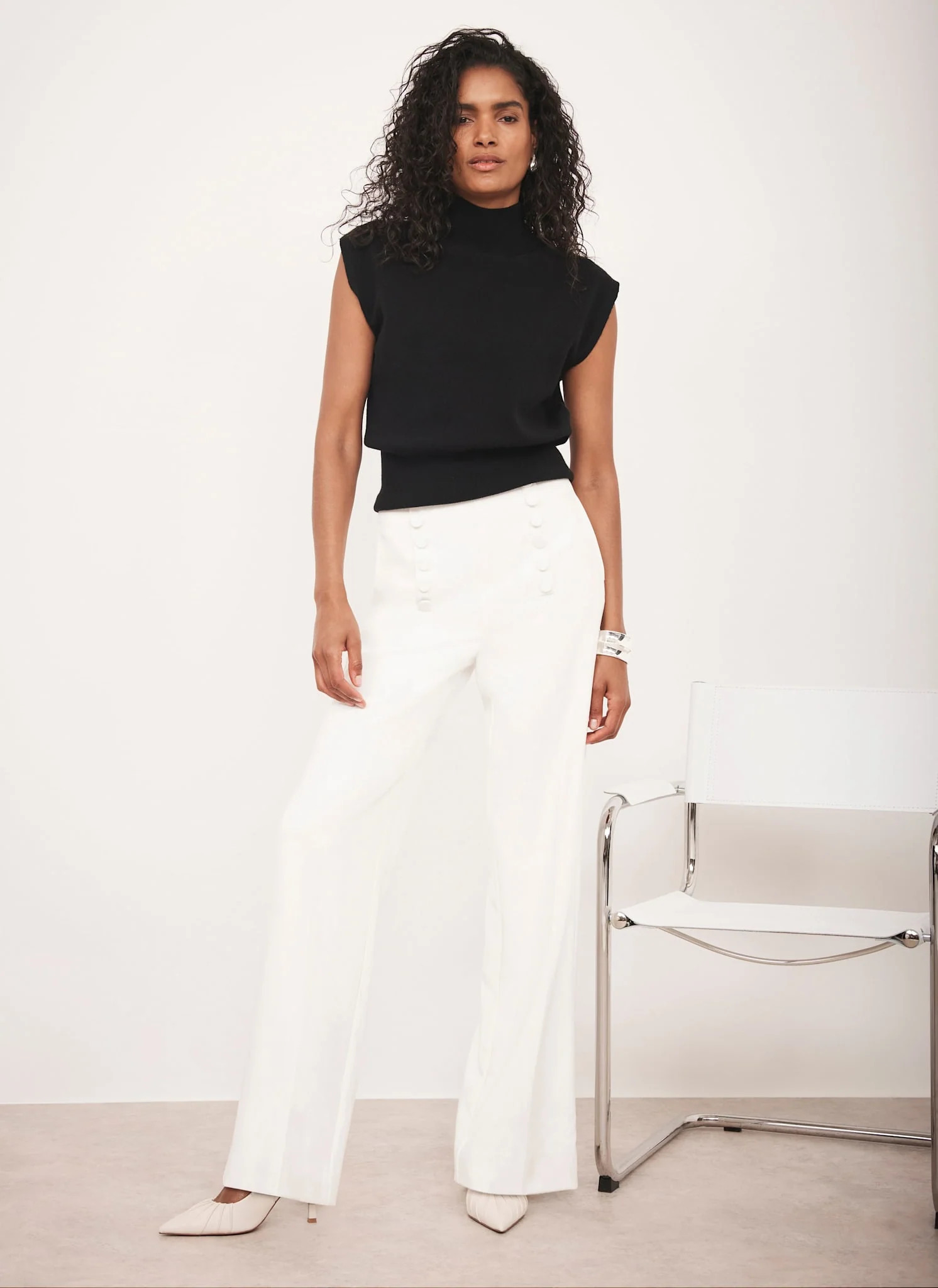 White Button Detail High Waisted Wide Trousers | Mint Velvet