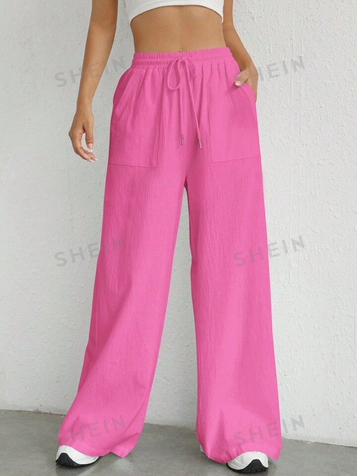 SHEIN EZwear Solid Color Drawstring Waist Woven Trousers | SHEIN