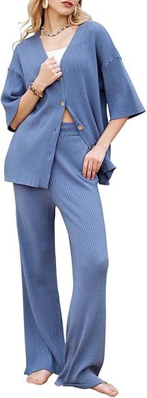 Arach&Cloz Womens 2 Piece Sets Summer Spring 2024 Short Sleeve Cardigan Sweaters Wide Leg Pants P... | Amazon (US)