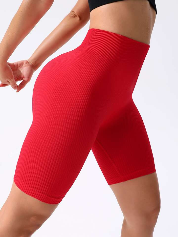 Rib-knit Tummy Control Sports Biker Shorts | SHEIN