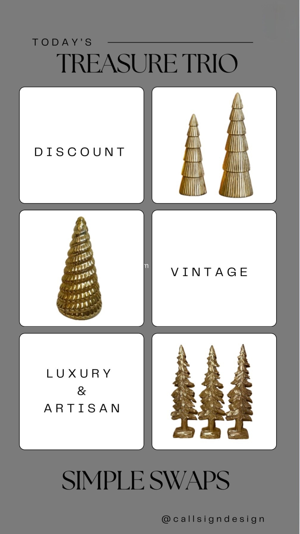 Add a touch of holiday cheer to your home with these stunning gold Christmas trees. Perfect for any space! 🌲✨

#Christmas #ChristmasDecor #WhiteChristmas #TraditionalChristmas #VintageChristmas #CallSignDesign #Vintage #Luxury #InteriorDesign #InteriorDecorating #Elegance #Chandelier #OldWorldCharm #DesignStyle #CastleCore #OldWorldCharm  #SimpleSwaps