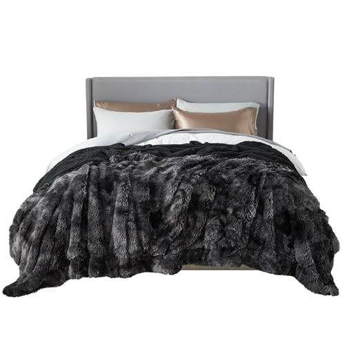 Bedsure GentleSoft Fluffy Tie Dye Black Blankets Queen Size for Bed, Thick Sherpa Faux Fur Fleece Fuzzy Plush Winter Warm Soft Queen Blankets, Black Bedroom Decor Cozy Gifts for Women Men, 90x90 | Amazon (US)