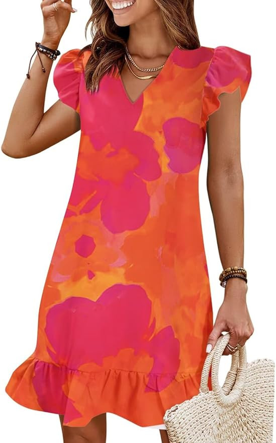 JOCAFIYE Summer Dresses for Women 2026 Cute Cap Sleeve V-Neck Flowy Swing Sundress Mini Dress | Amazon (US)