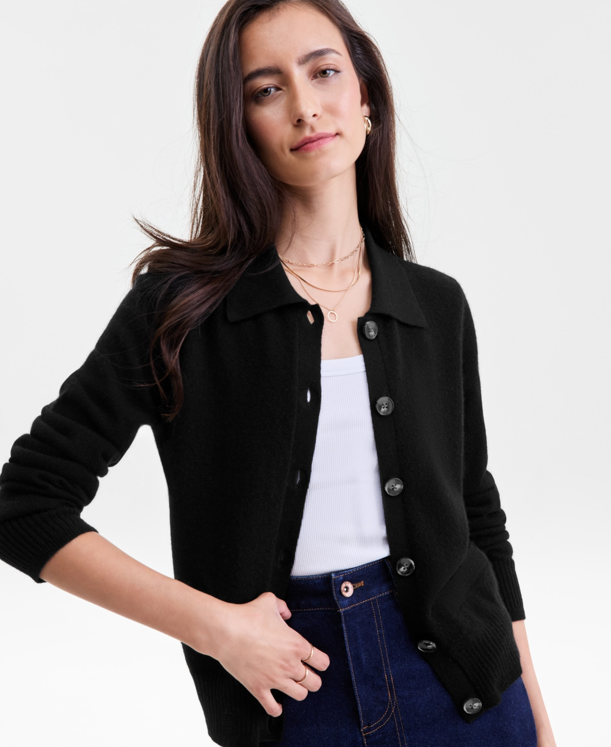 Charter Club Women's 100% Cashmere Collared Shrunken Cardigan, Macy's Exclusive - Classic Black | Macy's