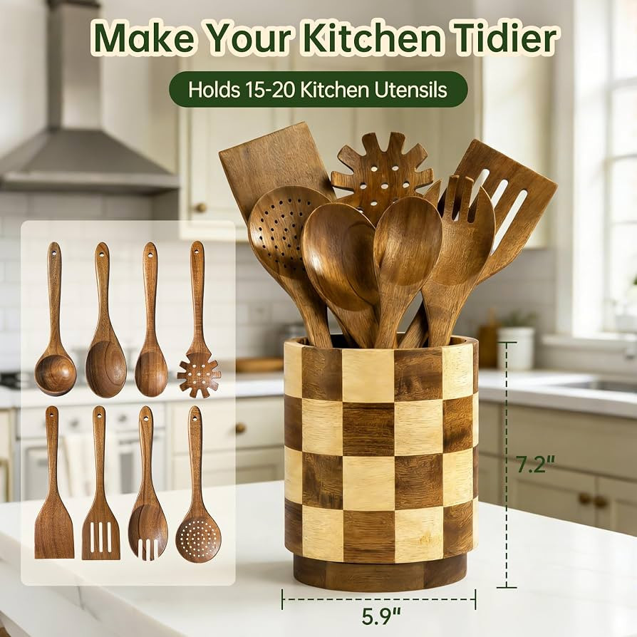 Wooden Utensil Holder, 360\u00b0Rotating Checkered Kitchen Utensil Holder | Amazon (US)