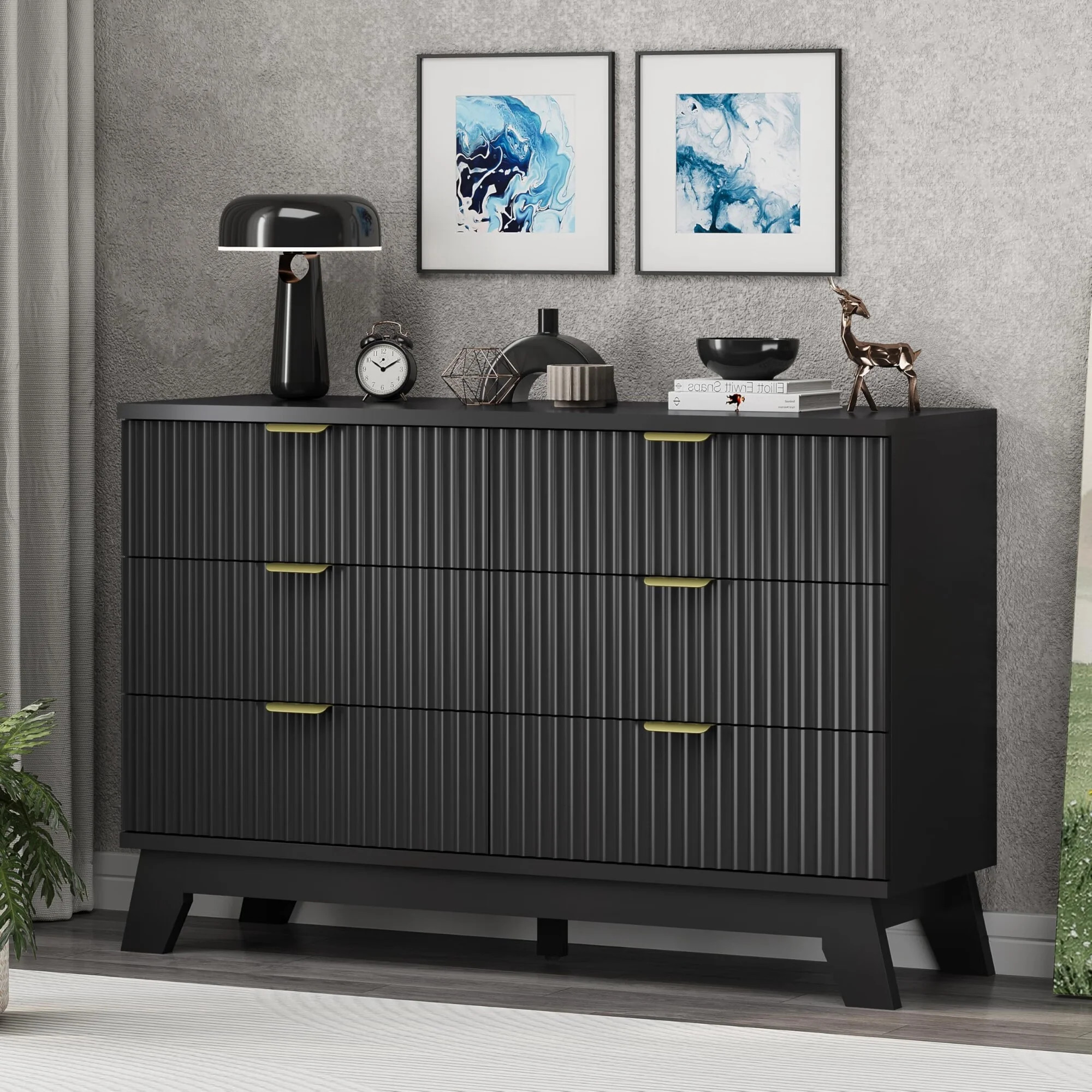 FANRAL 6 Drawers Dresser Fluted Dresser for Bedroom,Wooden Chest of Drawers Modern Dresser for Closet,Black Dresser - Walmart.com | Walmart (US)