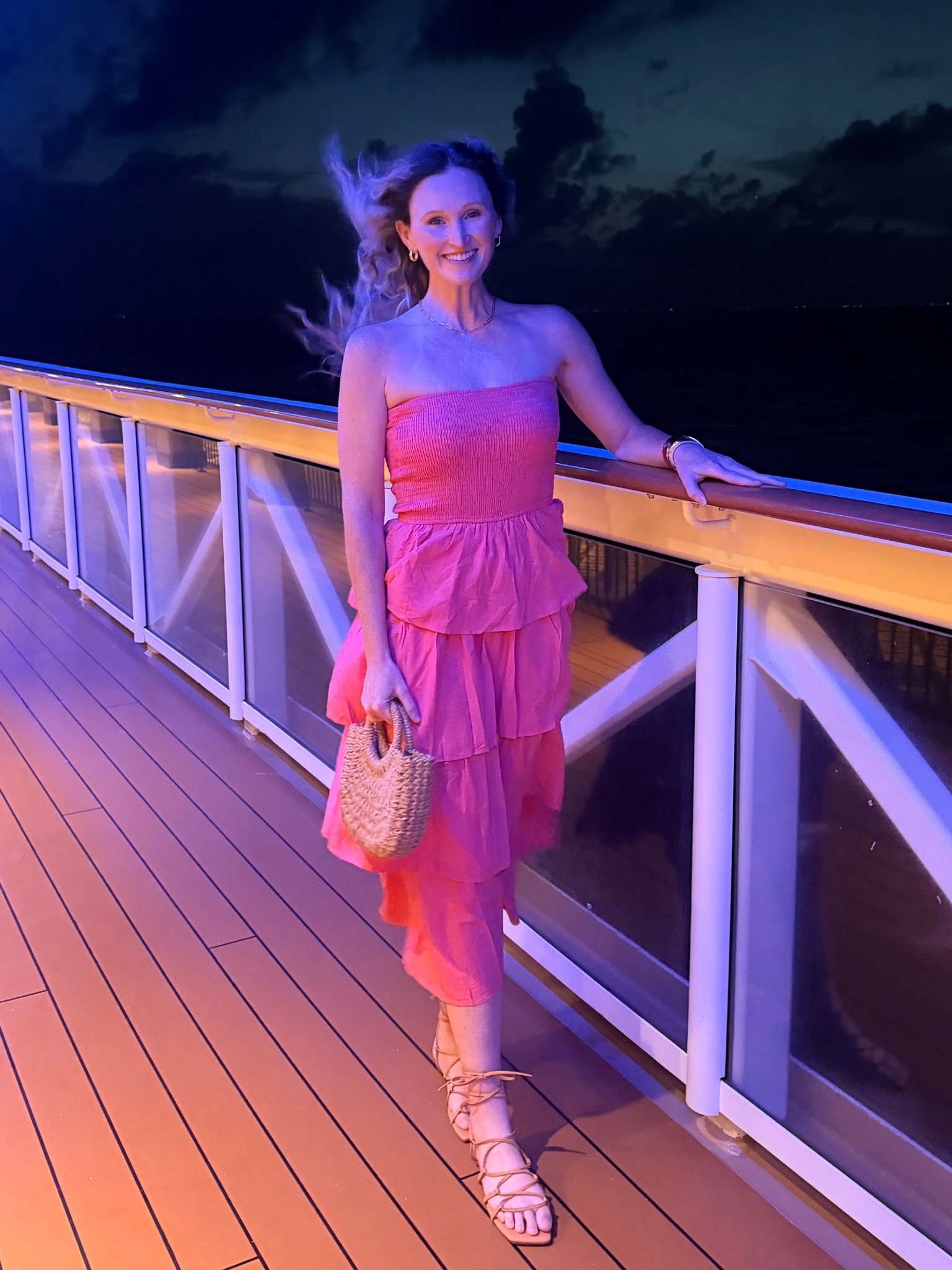 Cute spring, summer, or Easter strapless tiered pink maxi dress. Tall girl friendly dress. Beach vacation outfit. Cruise outfit. Straw small purse  and lace up nude sandals 

#LTKTravel #LTKTall #LTKspring