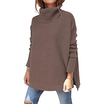 ANRABESS Women's Turtleneck Oversized 2022 Long Batwing Sleeve Spilt Hem Knit Tunic Pullover Sweater | Amazon (US)