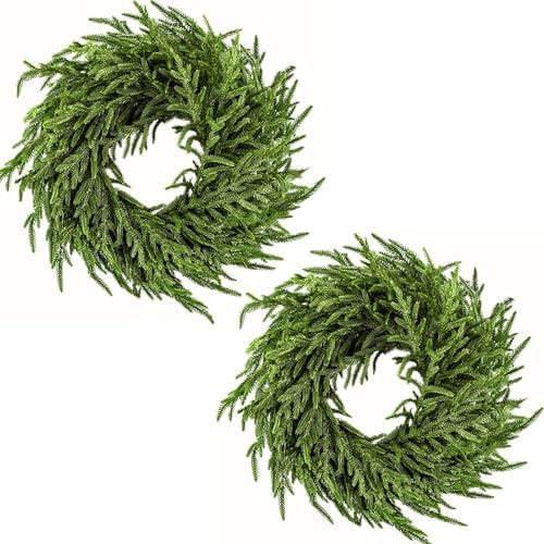 2 Pack Artificial Christmas Wreaths for Front Door, Norfolk Pine & Cedar Greenery with Red Velvet... | Amazon (US)