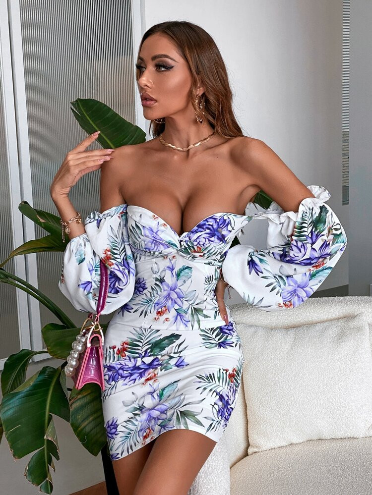 Floral Bodycon Bardot Dress | SHEIN