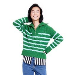 Women's Quarter Zip Striped Cable Knit Sweater - La Ligne x Target Green/Light Blue | Target