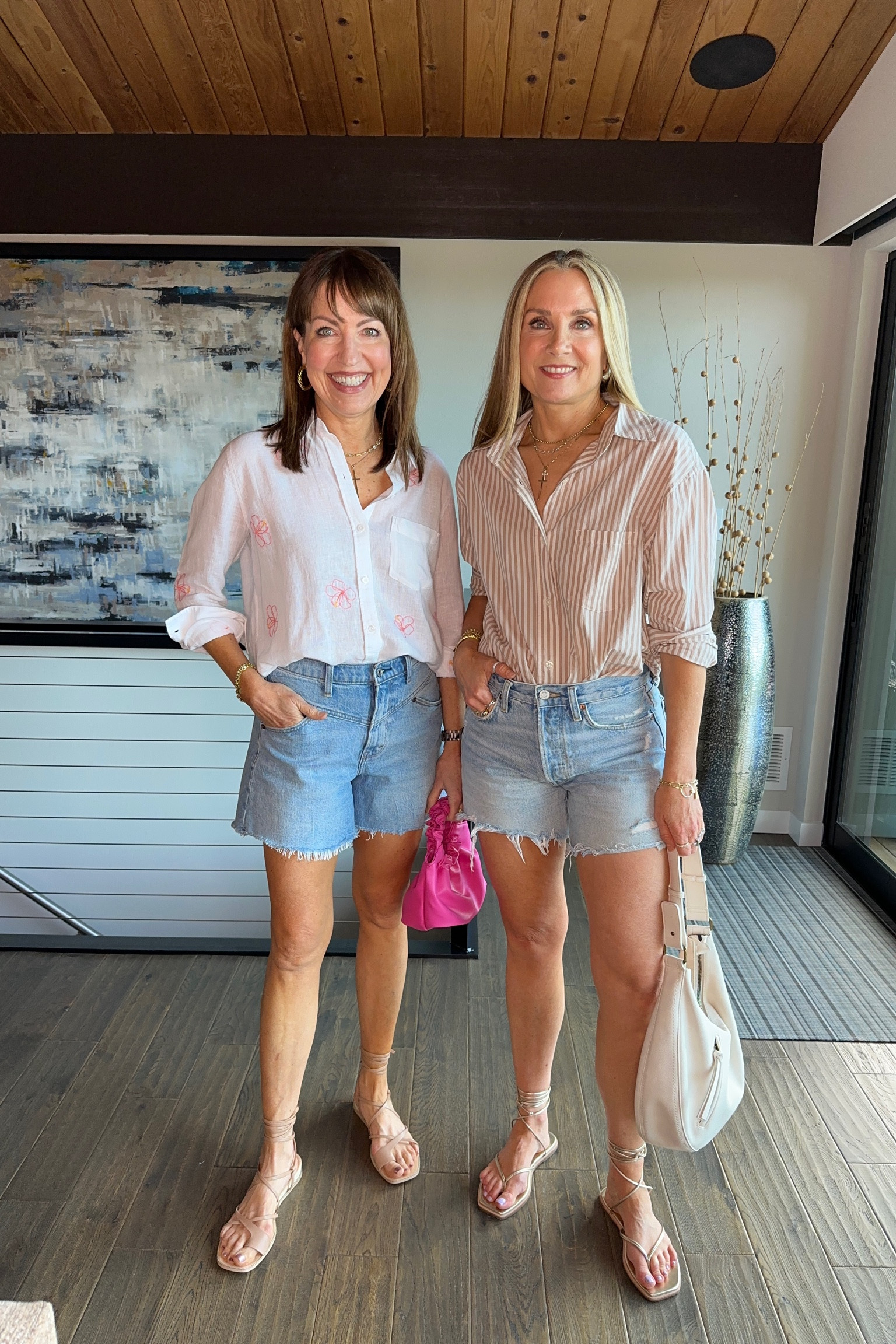 Cute denim shorts outfits! Rails linen button up, kohls striped button up, ankle wrap sandals, shoulder bag. Summer outfit, vacation outfit, Abercrombie dad short, agolde Parker long denim cutoffs 

#LTKStyleTip #LTKOver40 #LTKFindsUnder50