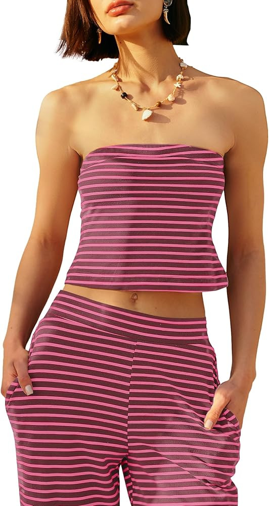 Panadila Womens Striped Two Piece Sets Summer Lounge Outfits Sailor Tube Top and Pants Matching S... | Amazon (US)