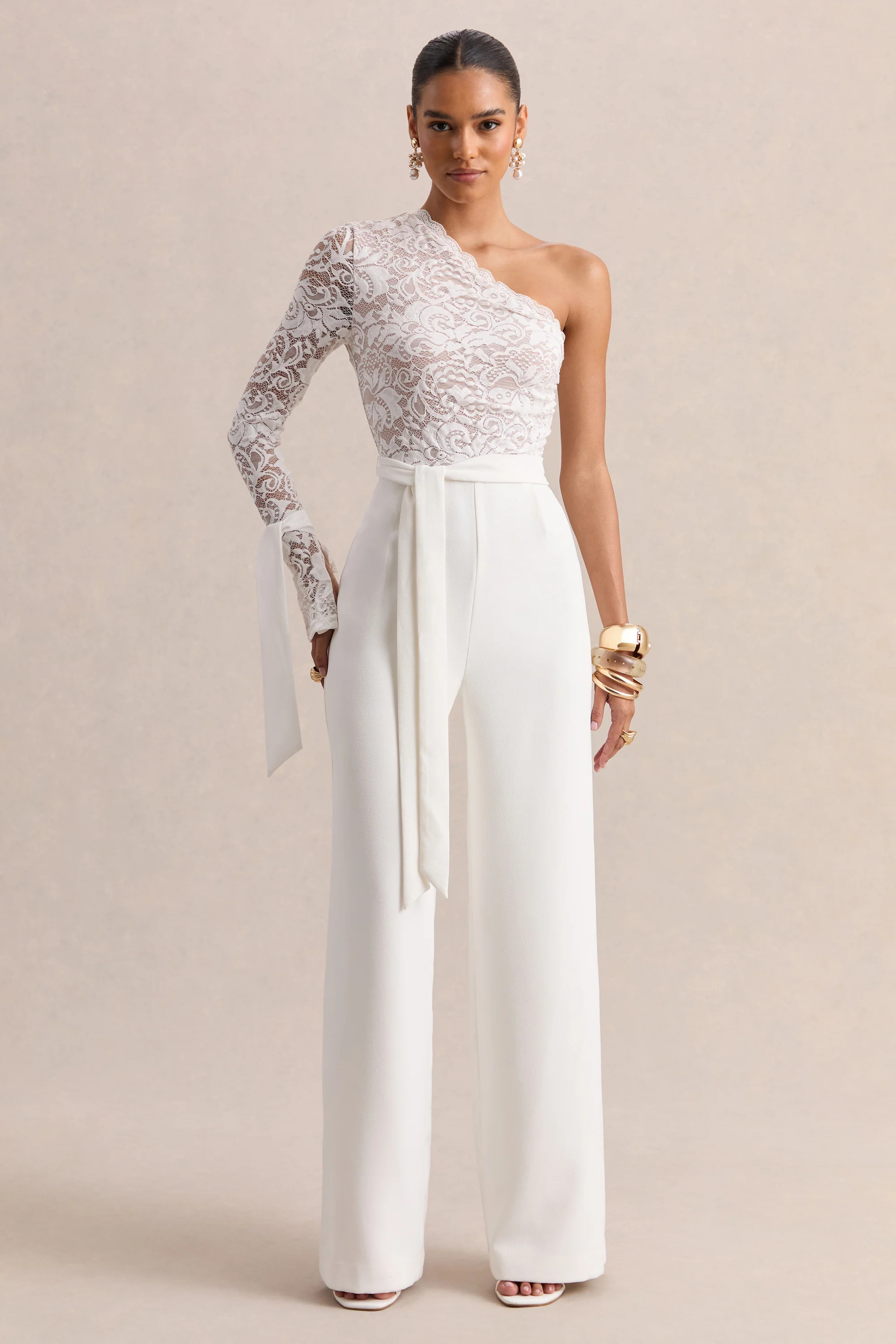 Clarence | White Lace Asymmetric-Neck Jumpsuit With Bow-Details | Club L London
