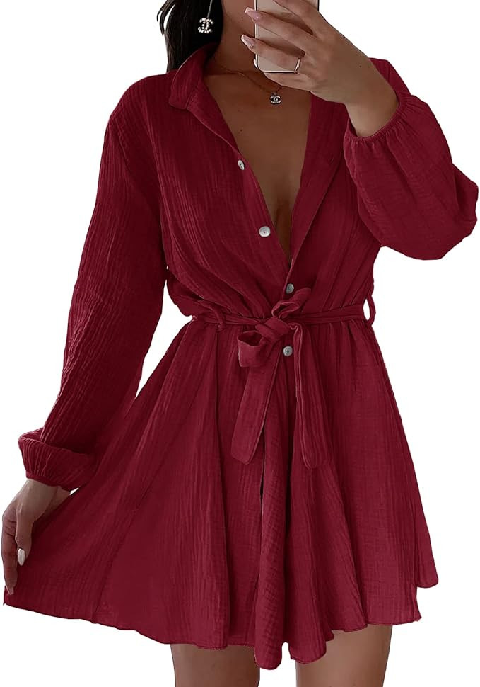Foshow Womens Button Down V Neck Dresses Tunic Tie Waist Swing Mini Dress Casual Solid Long Sleev... | Amazon (US)