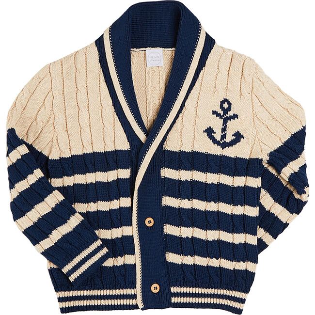 Anchor Motif Striped Cable Knit Cardigan, Navy | Maisonette