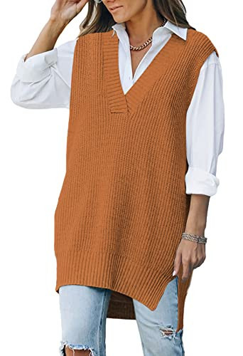 Kisscynest Women's Burnt Orange Houndstooth Sweater Vest Oversized V Neck Knit Tunic Tops Pullover, Small | Amazon (US)