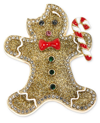 Holiday Lane Gold-Tone Multicolor Pavé Gingerbread Pin, Created for Macy's - Macy's | Macy's