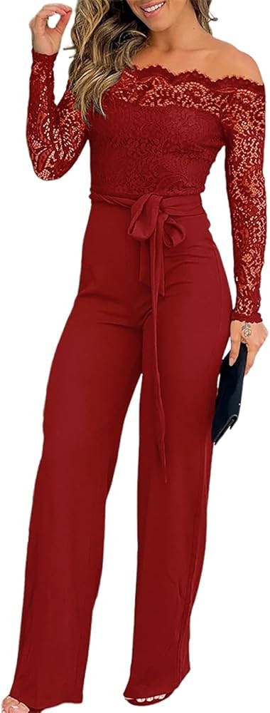 CHICME Womens Dressy Jumpsuits Casual One Piece Outfits Off Shoulder Lace Trim Overalls Straight ... | Amazon (US)