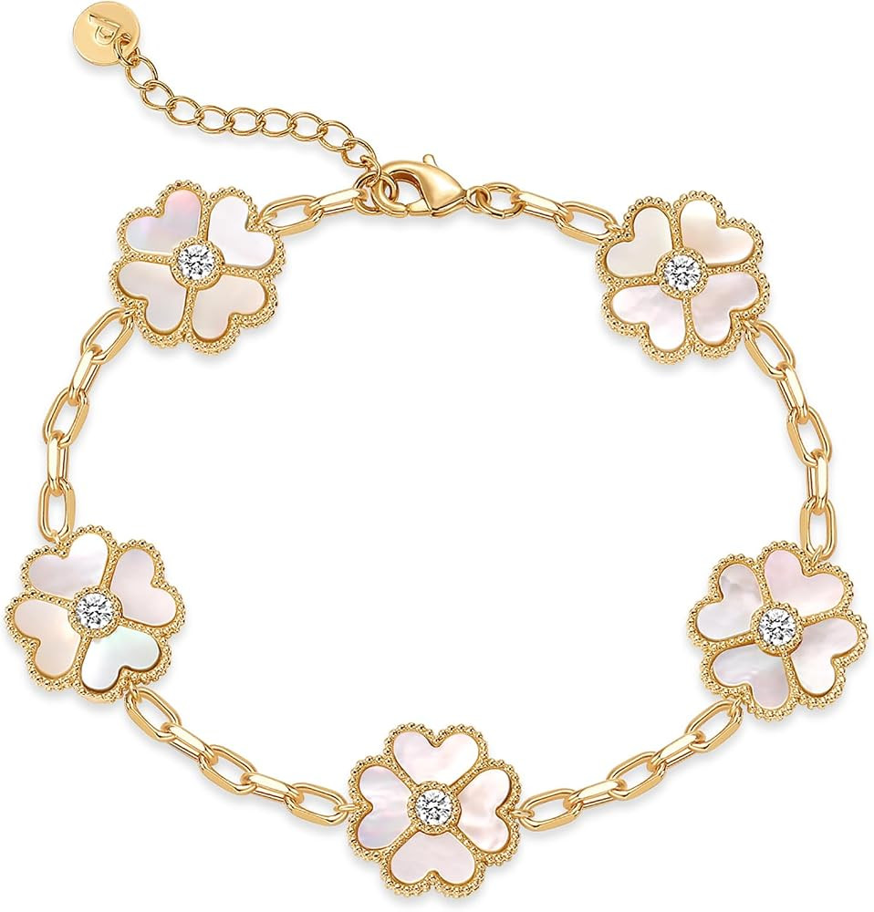 PAVOI Clover Bracelet for Women, 14K Gold Plated Mother of Pearl Charm | Amazon (US)