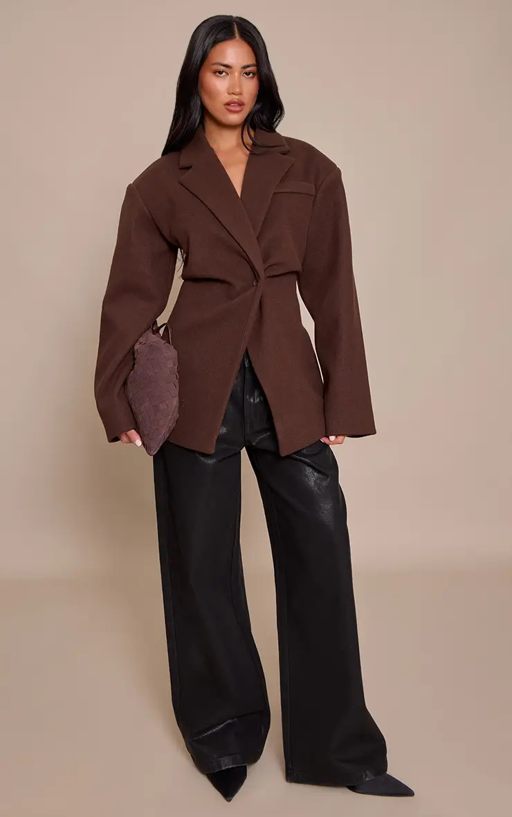 Chocolate Wool Look Cinched Blazer | PrettyLittleThing UK