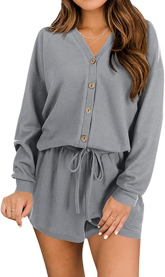 Women's Waffle Knit Pajama Sets V Neck Long Sleeve Button Down Top With Shorts 2 Piece Loungewear... | Amazon (US)