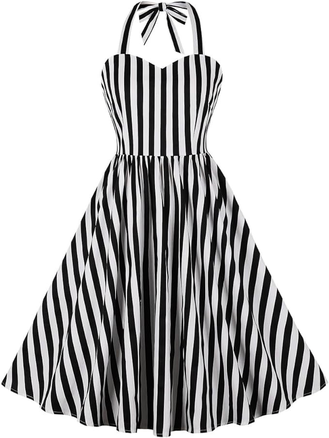 Women Vintage Black and White Vertical Striped Dress Cosplay Halloween Carnival Party Dresses | Amazon (US)