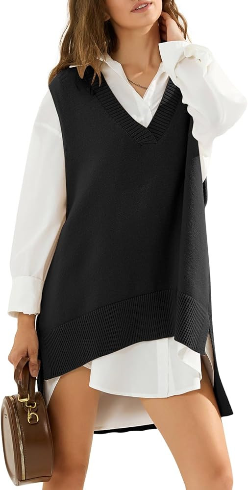 EXLURA Womens Oversized Sweater Vest Knit V Neck Tunic Casual Sleeveless Long Pullover Tank Tops ... | Amazon (US)