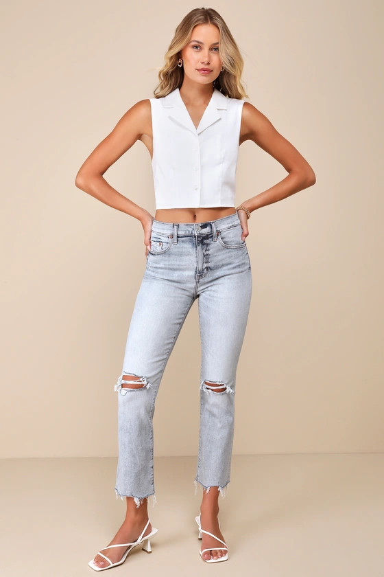 Shy Girl Light Wash Cropped Distressed High-Rise Flare Jeans | Lulus