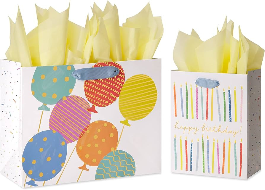Papyrus Birthday Gift Bags with Tissue Paper, Balloons and Candles (2 Bags, 1 Large 13", 1 Medium... | Amazon (US)