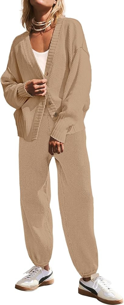 SAUKOLE Womens Two Piece Outfits Knit Sweater Sets Oversized Button Down Cardigan and Long Pants ... | Amazon (US)