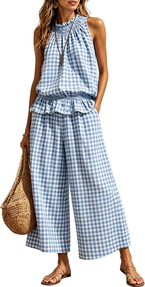 Tanming Women's 2 Piece Set Outfits Gingham Plaid Sleeveless Ruffle Top Wide Leg Pants Summer Cas... | Amazon (US)