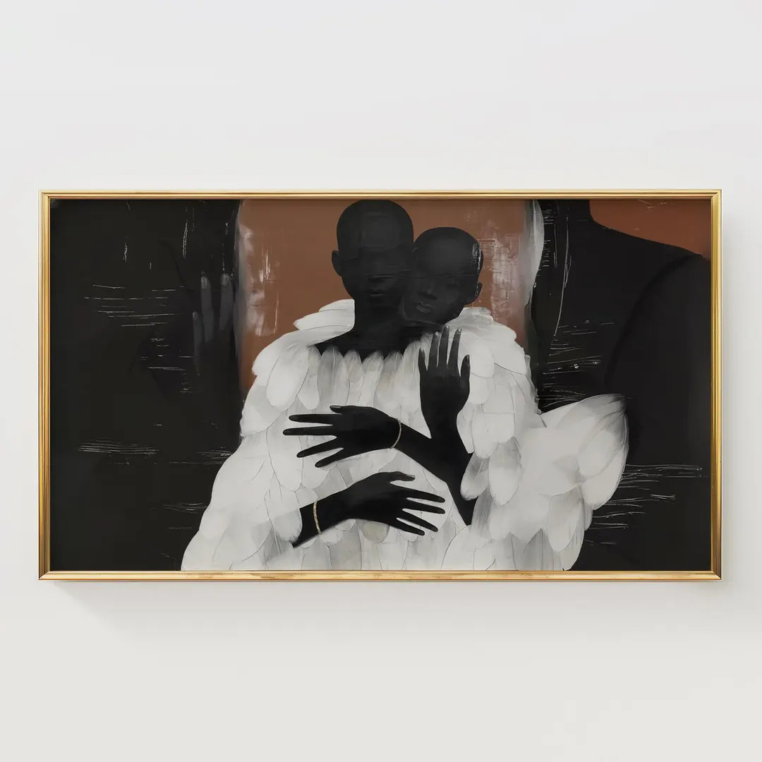 Moody Modern Frame TV Art, Black Silhouettes Embrace, Painterly Feathers, Contemporary TV Artwork... | Etsy (US)