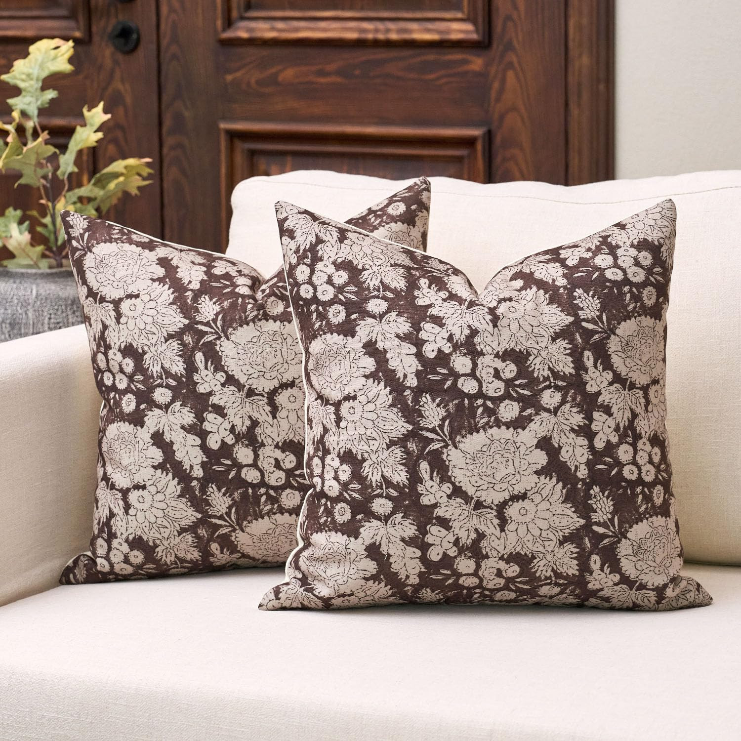 DOMVITUS Floral Pillow Covers 18x18 Set of 2, Vintage Block Print Pillow Covers Neutral Decorative Farmhouse Throw Pillow Covers for Bed Couch Living Room Dark Brown | Amazon (US)