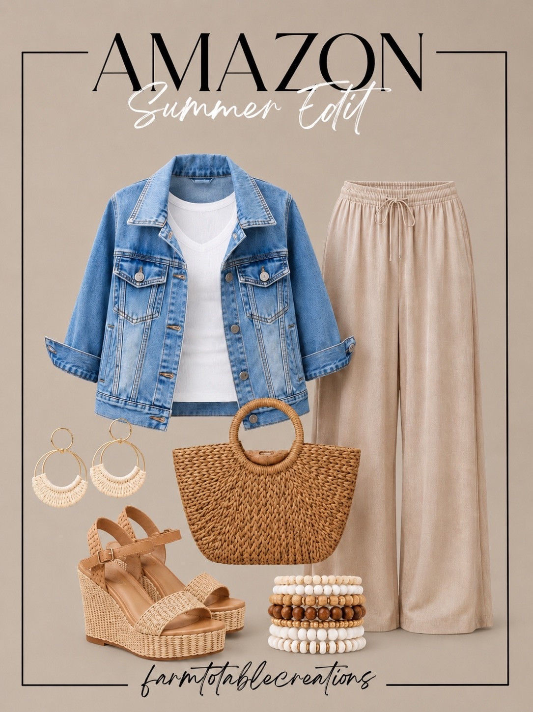 Amazon Summer Outfit. Lightweight layers, breezy neutrals, woven textures, and effortless basics… this Amazon summer edit is full of pieces that make getting dressed feel easy while still looking elevated. From the relaxed linen-blend pants to the perfect denim jacket and woven accessories, these are the kind of finds you’ll reach for on repeat all summer long. Perfect for brunch dates, vacation days, patio dinners, and casual weekends.

Follow @farmtotablecreations on Instagram for more summer fashion and home finds.

#amazonfashion #summeroutfits #neutralstyle #amazonfinds #ootd

amazon summer outfits | neutral summer fashion | woven handbag | linen pants outfit | denim jacket outfit | casual chic style | elevated basics | summer capsule wardrobe | resort wear ideas | vacation outfits | amazon style finds | everyday summer outfit | neutral wardrobe | woven wedges | summer layers | effortless fashion | beach vacation style | comfy chic outfits | lightweight summer fashion | summer edit | amazon clothing finds | stylish casual looks | beige outfit ideas | trendy summer style | ootd

#LTKootd #LTKSaleAlert #LTKOver40