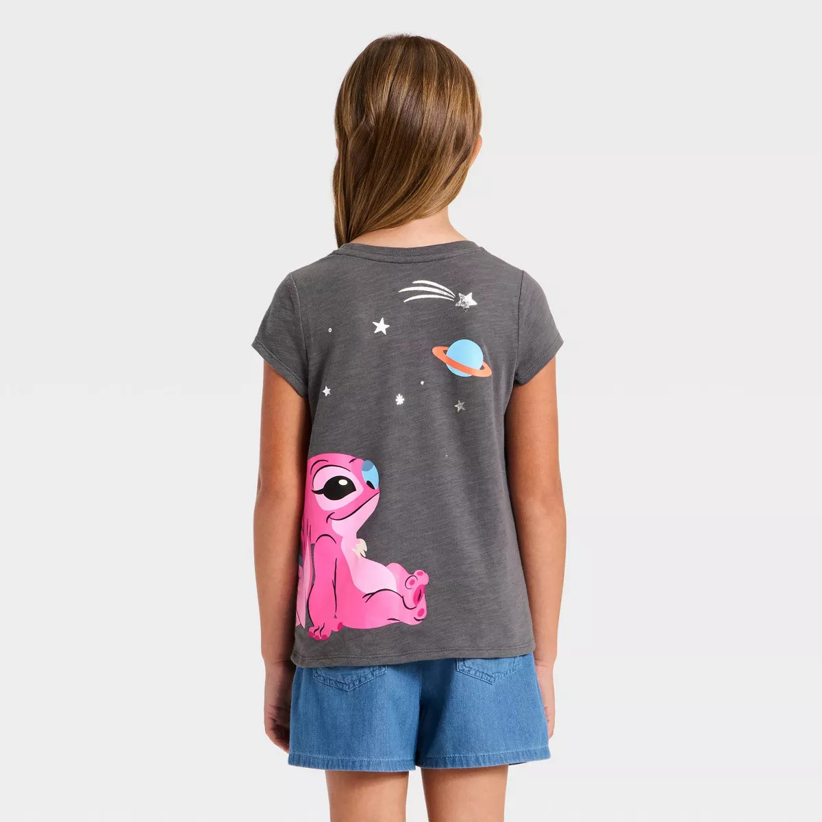 Girls' Disney Stitch and Angel Cosmic Short Sleeve Front and Back Graphic T-Shirt - Charcoal Gray | Target