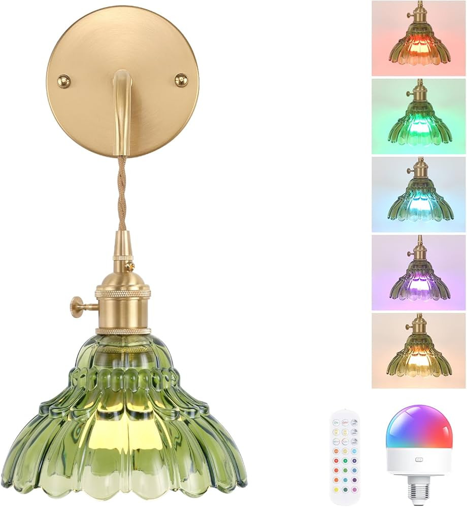 Battery Operated Wall Sconce Wall Lamp with Green Lily of The Valley Shade Pattern Glass Adjustab... | Amazon (US)