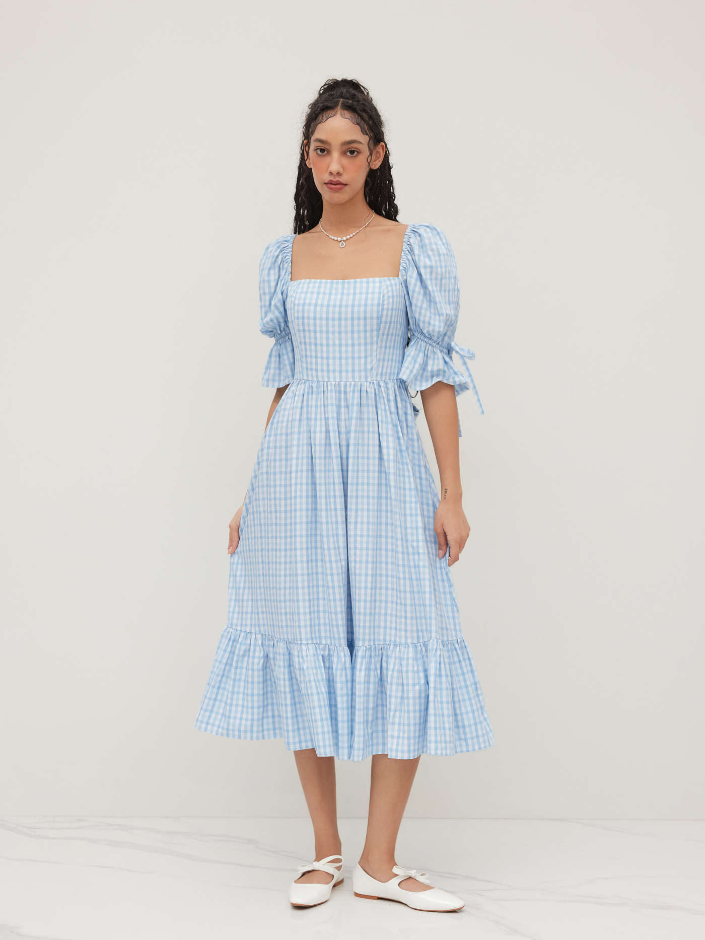 Square Neck Gingham Tie Back Midi Dress | Cider
