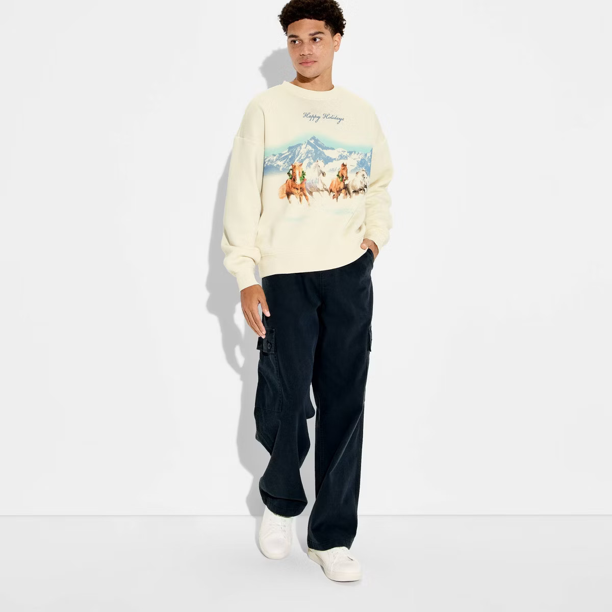 Men's Holiday Horses Crewneck Sweatshirt - Original Use™ Cream M | Target