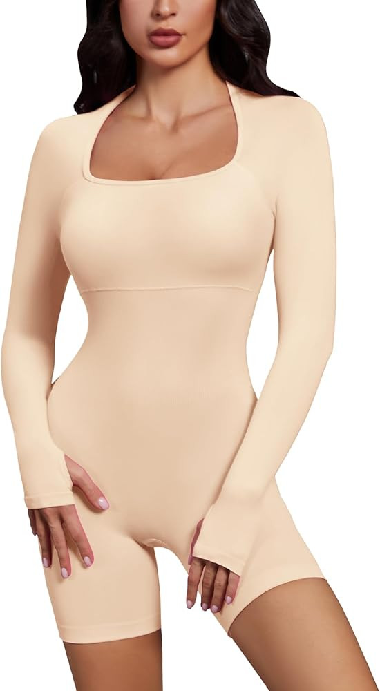Micoson Women's Yoga Rompers Square Neck Long Sleeve Shorts Jumpsuit Bodycon Stretch Workout Buil... | Amazon (US)